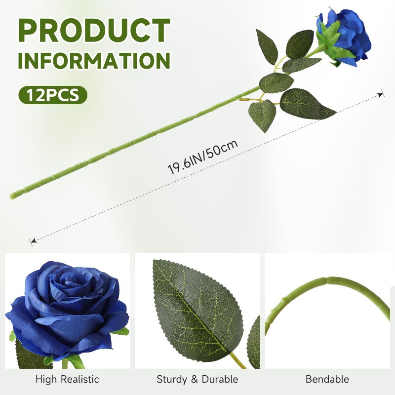 Tifuly Royal Blue Roses Artificial Flowers -12 pcs Realistic Single Long Stem Fake Silk Roses Bouquet for Party Home Wedding Centerpiece Office DIY Decor - Image 2